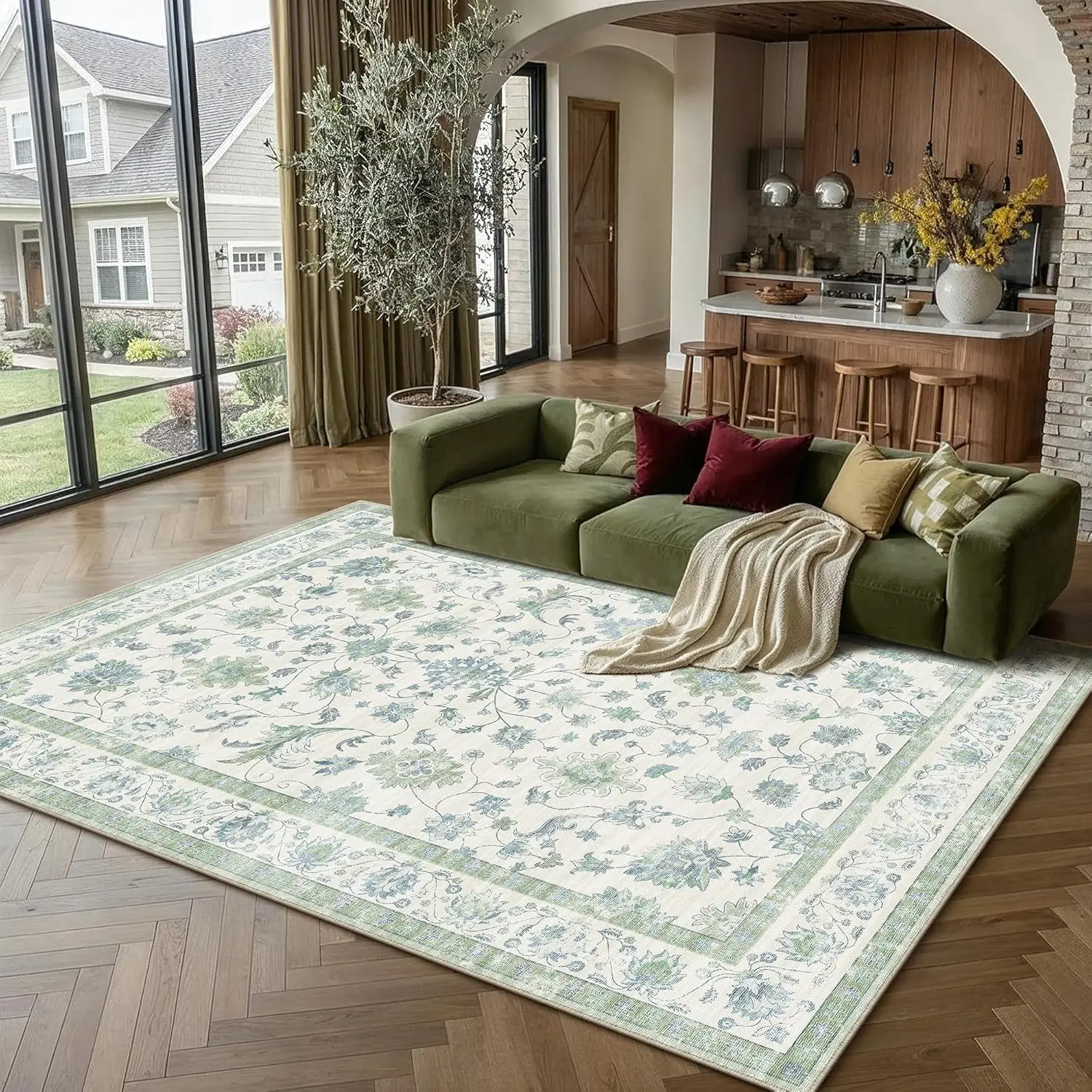 

Area Rug 5x7 Vintage Green Machine Washable Living Room Rugs Distressed Retro Floral Vacuumable Low Pile Carpet Bedroom Offic