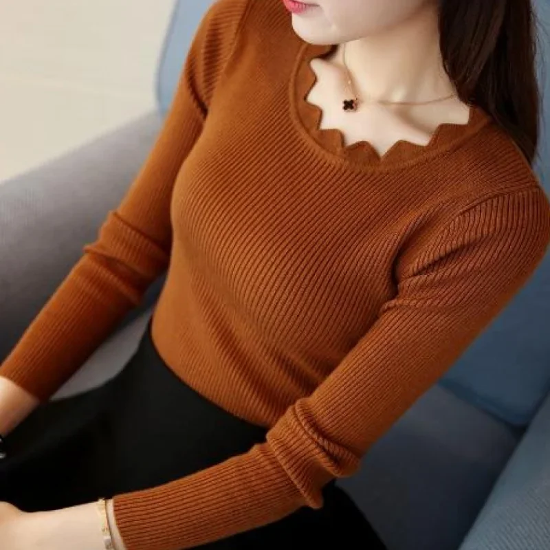 

Casual Solid Sweater Women Knitted Slim White Pullover Long Sleeve Tops Korea Autumn Winter Butterfly Neck Jumper Female