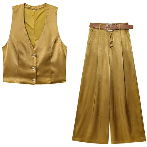 Imagen 2 del producto HXAO Conjuntos de pantalones de satén de gran tamaño Conjunto de dos piezas para mujer Conjunto de chaleco dorado sin mangas con botones Conjunto de pantalones de pierna ancha con cinturón plisado