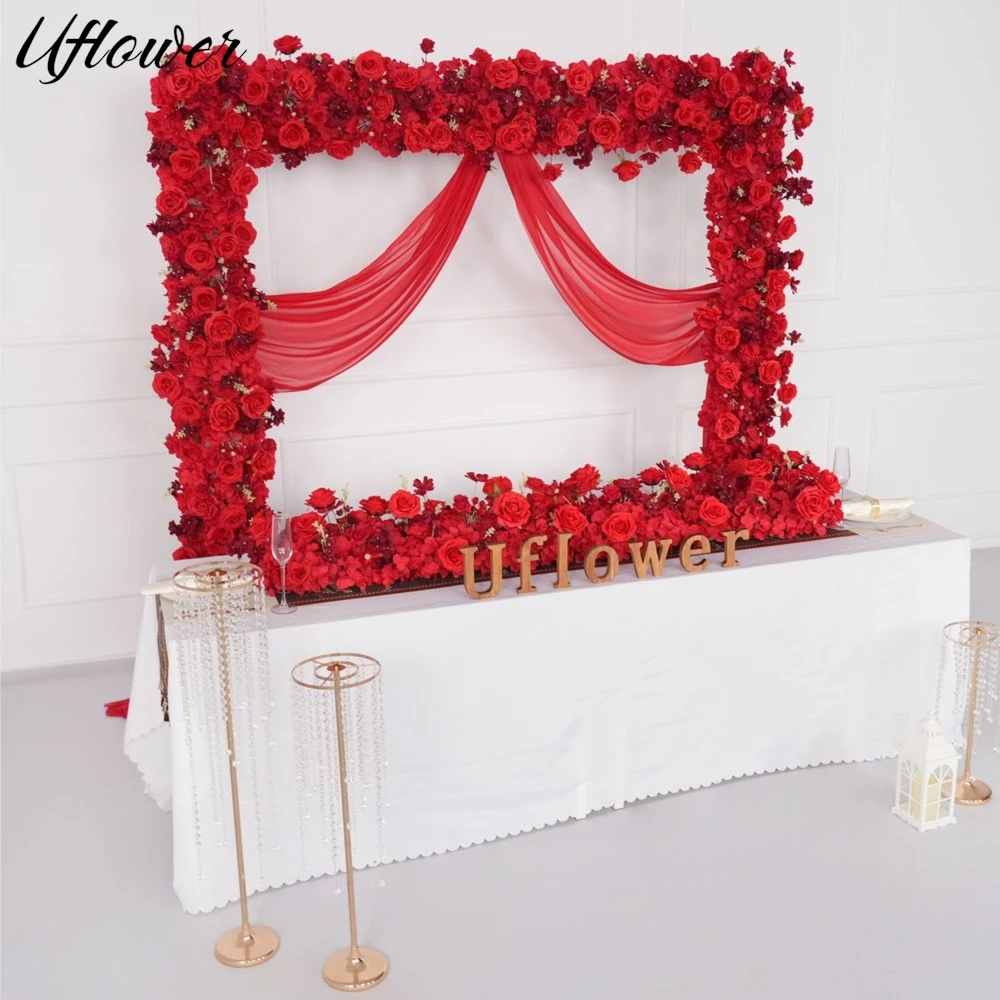 

Uflower Luxury Red Rose Artificial Flowers Wedding Decoration Table Long Runner Flower Row Backdrop Arrangement Wall Arch Decor