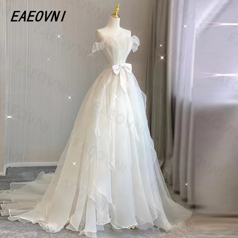 Floor Length Strapless Ruffled Modern Newest Design 2023 White Wedding Dress Organza and Tulle Bridal Gown Vestido De Novia