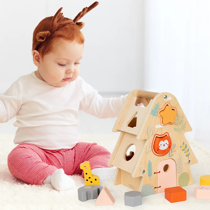 กล่องบล็อกไม้รูปต้นไม้ใหญ่ บ้านแห่งปัญญา ของเล่นเสริมพัฒนาการ รูปทรงหลากสี จับคู่รูปทรงเรขาคณิต ของเล่นสัตว์ กล่องฝึกทักษะ ของเล่นบนโต๊ะ