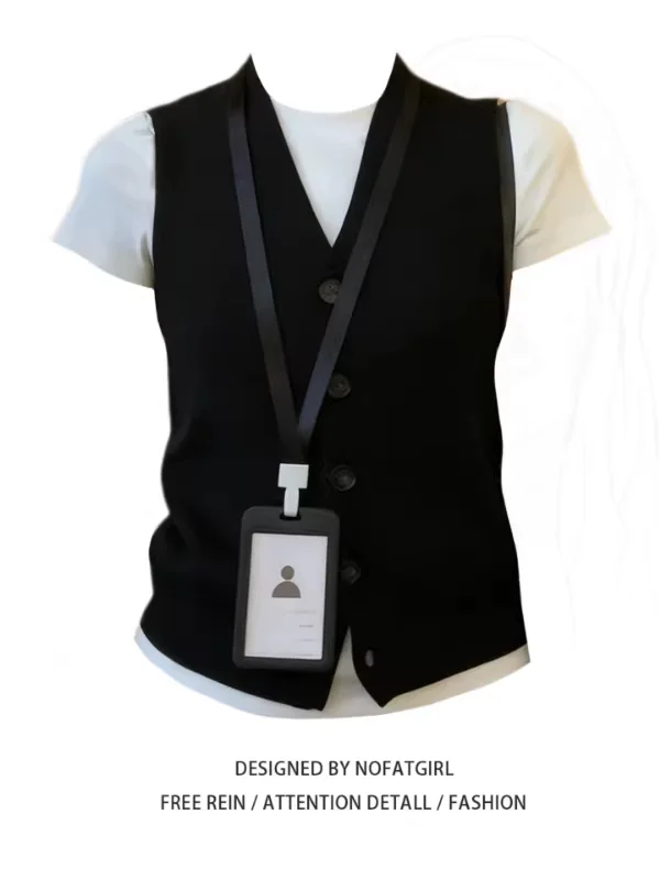 plus Size Women's Black Vest Casual Style Two-Piece Set Spring Fashion Slimming Effect Comfortable Polyester Inner Spring Com...