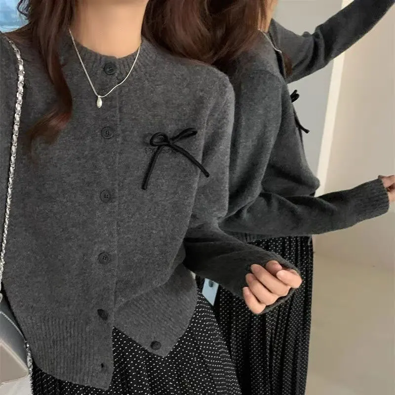 Female Clothing Gray Knitted Cardigan Basic Long Sleeve Autumn Winter New Fashion Bow Casual Round Neck Single-breasted Sweaters