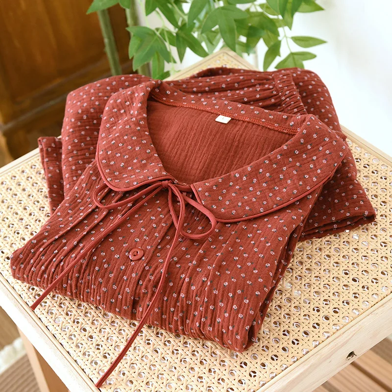 

Wholesale & Retail Natal Year Red Cotton Crepe Cotton Thin Set Women's Double Gauze Loungewear Summer Thin Long Sleeves