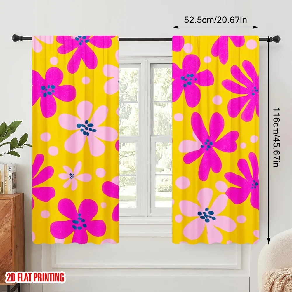 2pcs,2D plane printing Curtains Pink Flowers on Yellow Polyester (without rod) All Seasons for Living Room & Kitchen Decor