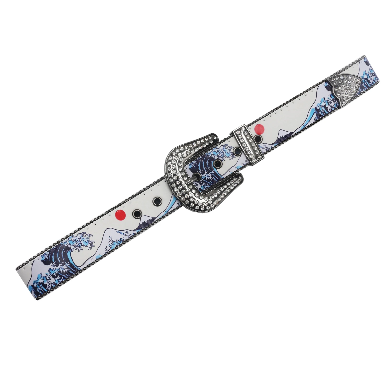 Hokusai Waves Mount Fuji Japanese Waves Print Belt Punk Rhinestone Pin Buckle Waistband Female Male Western Jeans Y2K Belt