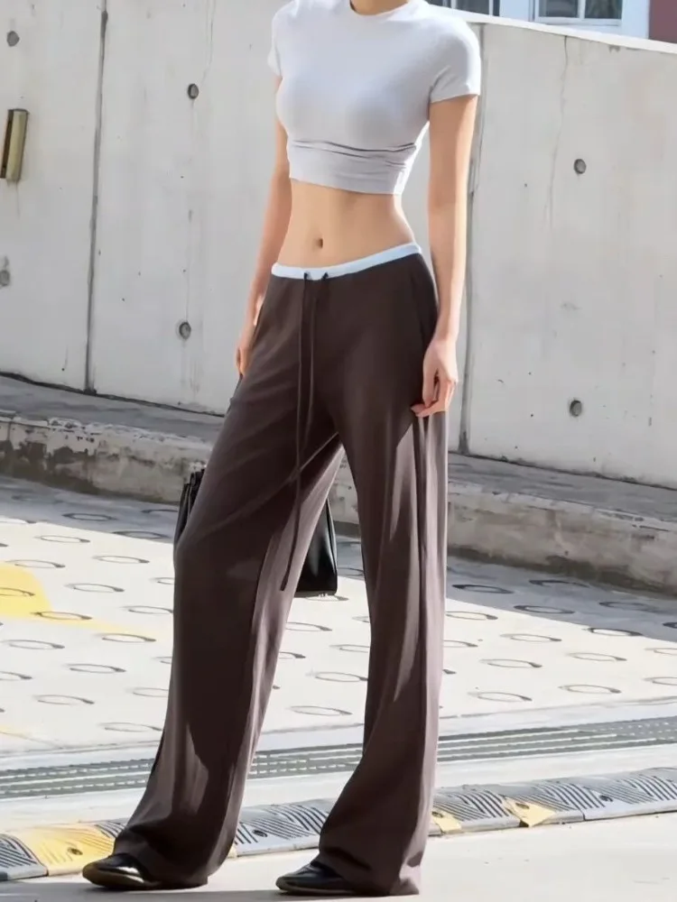Women's 2026 Spring Autumn Korean Slouchy Color Block Drawstring Wide Leg Pants Loose Slimming Drapey Chic Coquette Trendy
