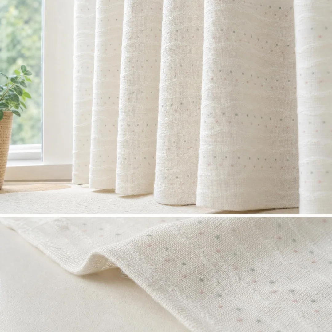 Cream White Textured Linen Curtains, Wavy Stripe & Dots Semi-Blackout Window Drapes for Bedroom Living Room Home Decor
