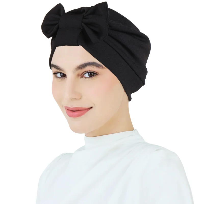 KepaHoo Solid Color Bow Turban Cap Women Muslim Hijab Islamic Chemo Cap Head Scarf Ladies Head Wrap Indian Hat