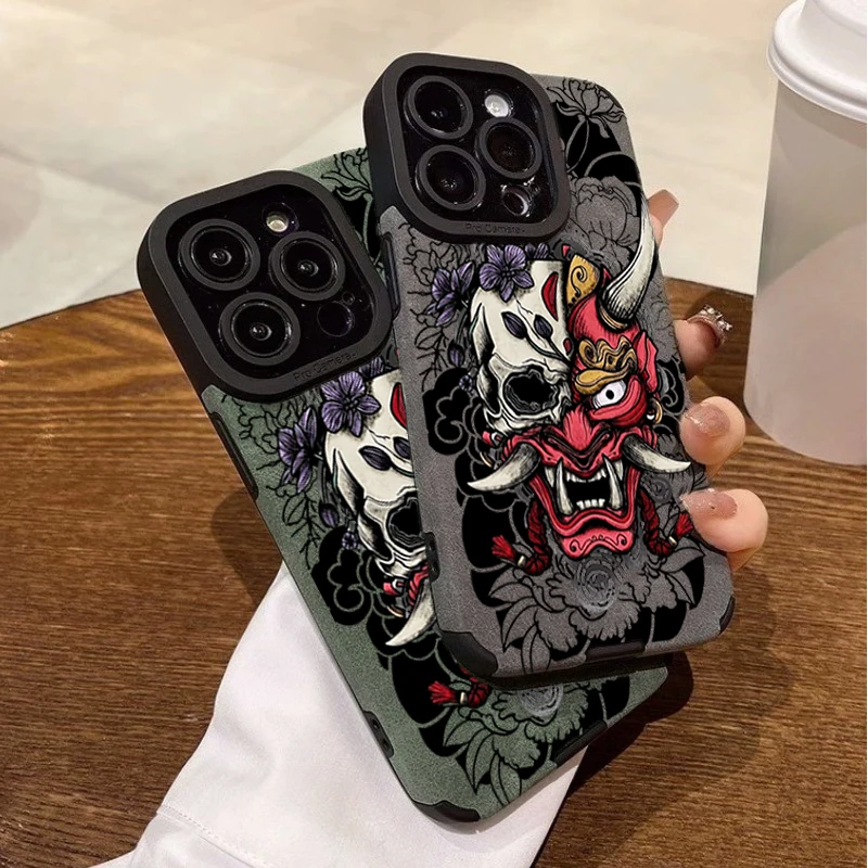 Dark Gothic Japanese Oni Skull Phone Case For iPhone 11 12 13 14 15 16 17 Pro 18 Pro Max Air XR X XS 7 8 Plus Shockproof Cover