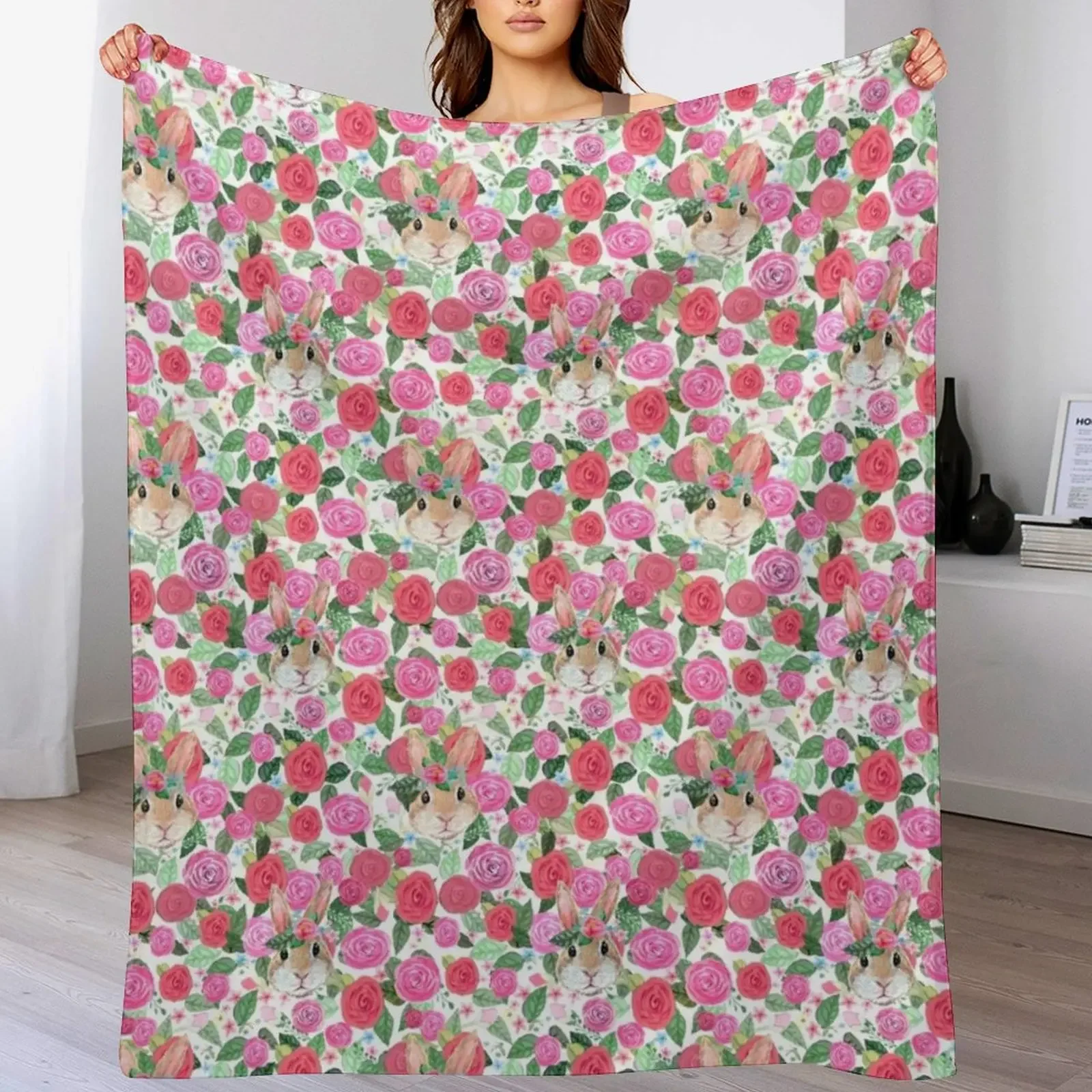 Rabbit and pink roses Throw Blanket All Weather Soft Throw Blanket for Sofa