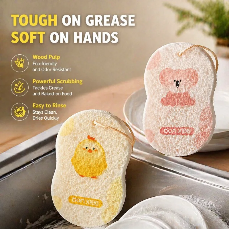 Wood Pulp Dishwashing Sponge Kitchen Pot Bowl Scrub Absorbent Reusable Household Tableware Washing Pad Gadget Cleaning Tool