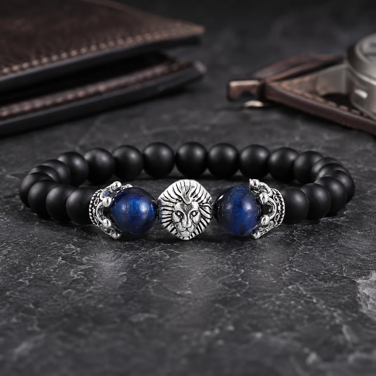 Vintage Golden Leopard Beaded Bracelet Natural Black Obsidian Lapis Lazuli Stone Stretch Wrist Bracelets Fashion Male Jewelry