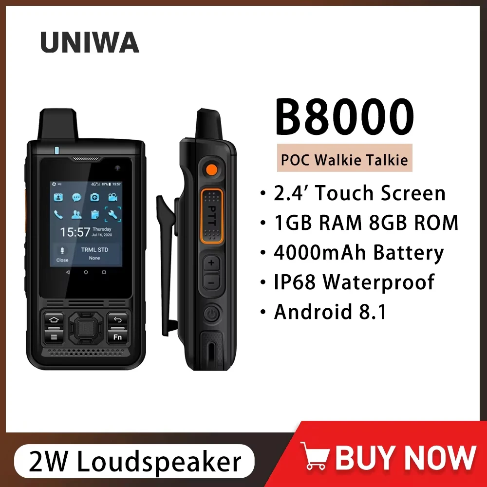 UNIWA B8000 4G LTE POC Walkie Talkie Zello 2.4 Inch IP68 Waterproof Quad Core Touch Screen Smartphone Android 8.1 4000mAh