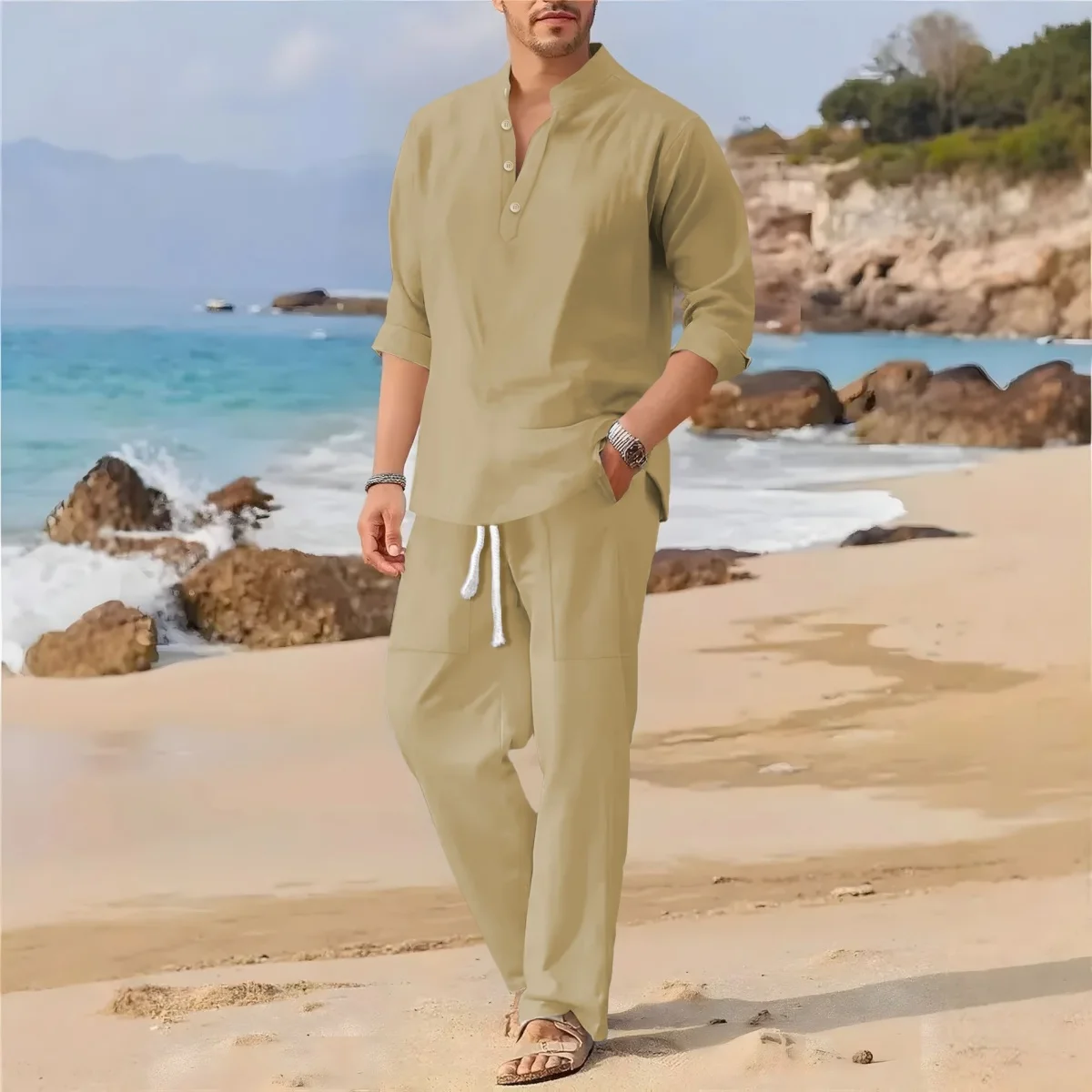 Men's Retro Cotton Linen Stand-Up Collar Long-Sleeved Suit Spring-Autumn Fashionable Loose Pure-Color Two-Piece Set