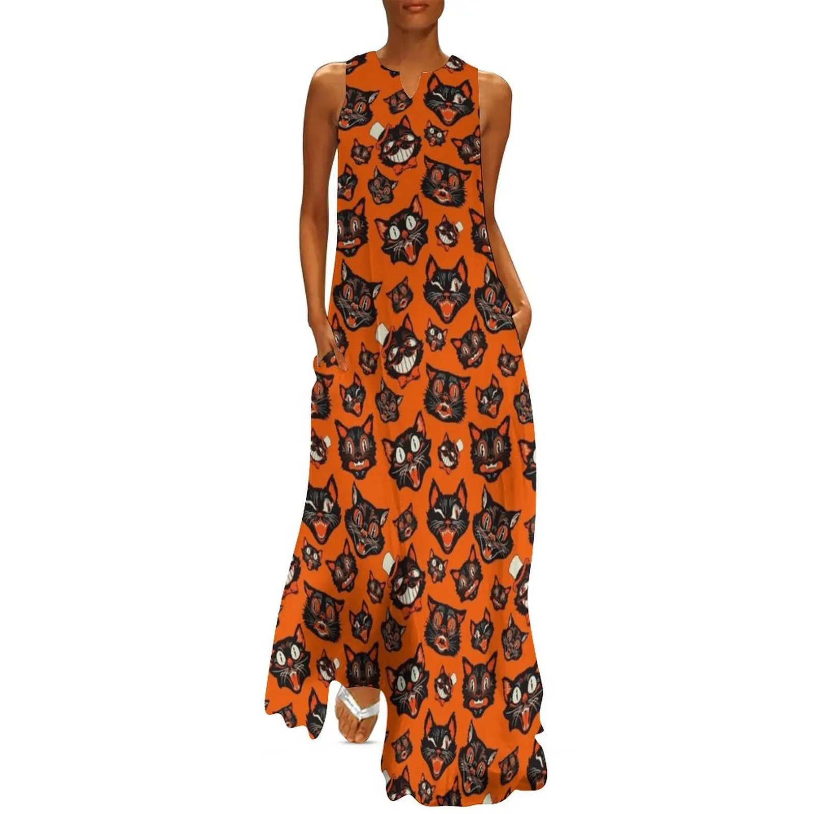 Retro Vintage Halloween Black Cat Faces Pattern - Orange Background Long Dress bandage dress Dance dresses