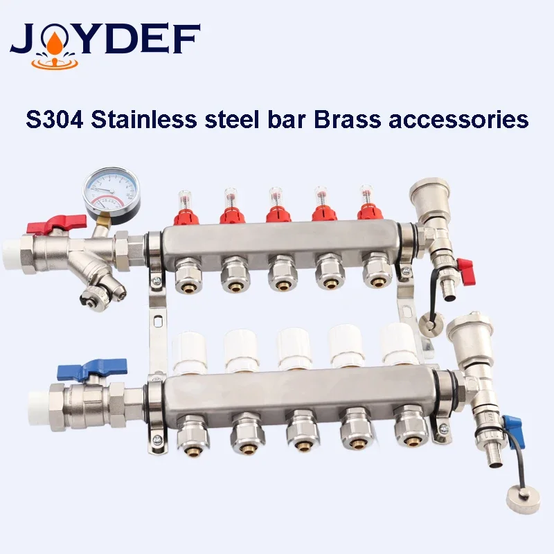 Stainless Steel Distribution Manifold With BrassBall Valve Auto Air Vent  Drain  Mounting Bracket Thermometer PT756