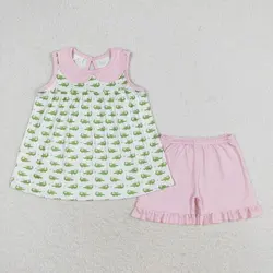 New rts baby girls summer suit wholesale boutique crocodile pink doll collar white sleeveless shorts set GSSO0654