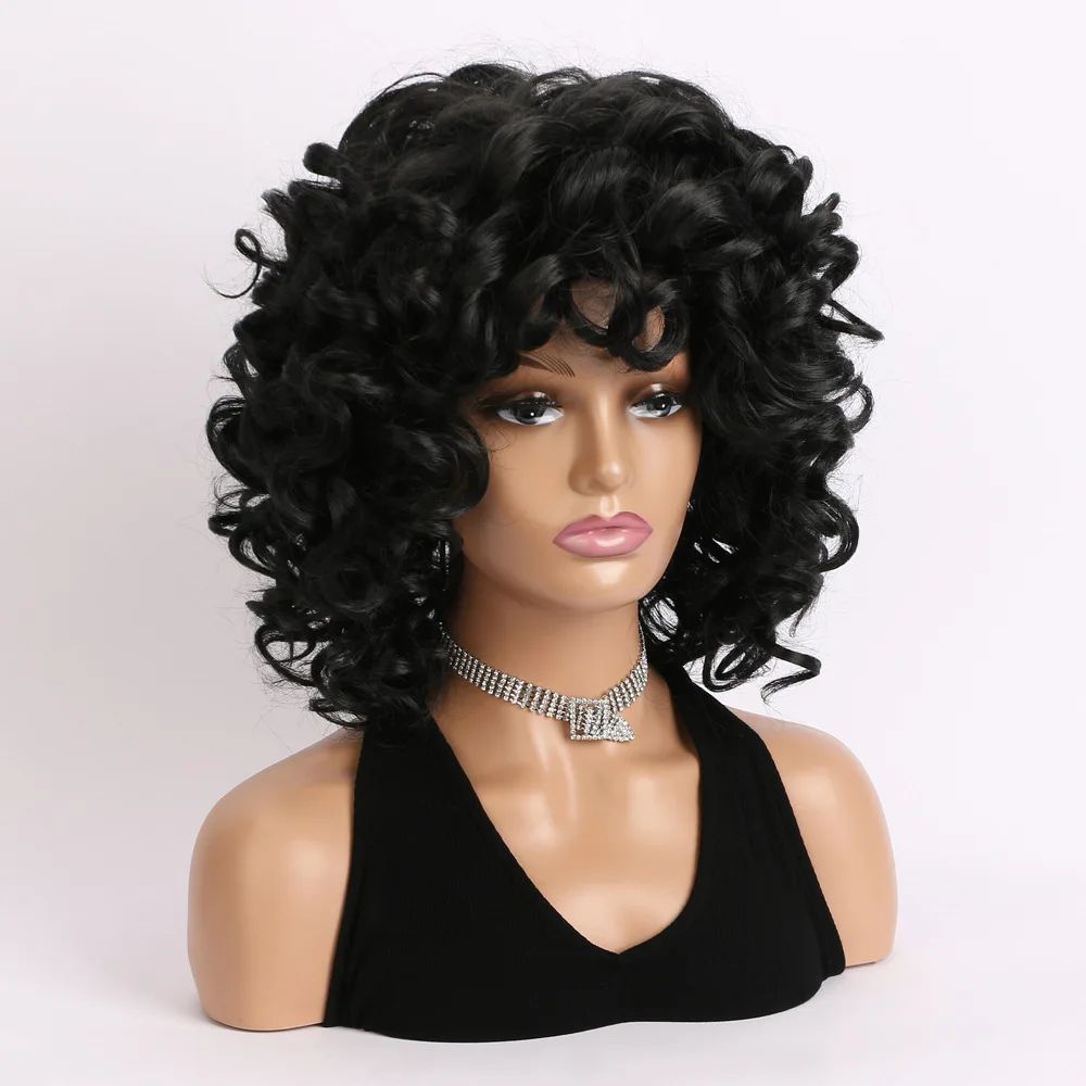 Perucas sintéticas encaracoladas pretas com Franja para mulheres, cabelo Afro Kinky, peruca cosplay sem cola, aparência natural, moda