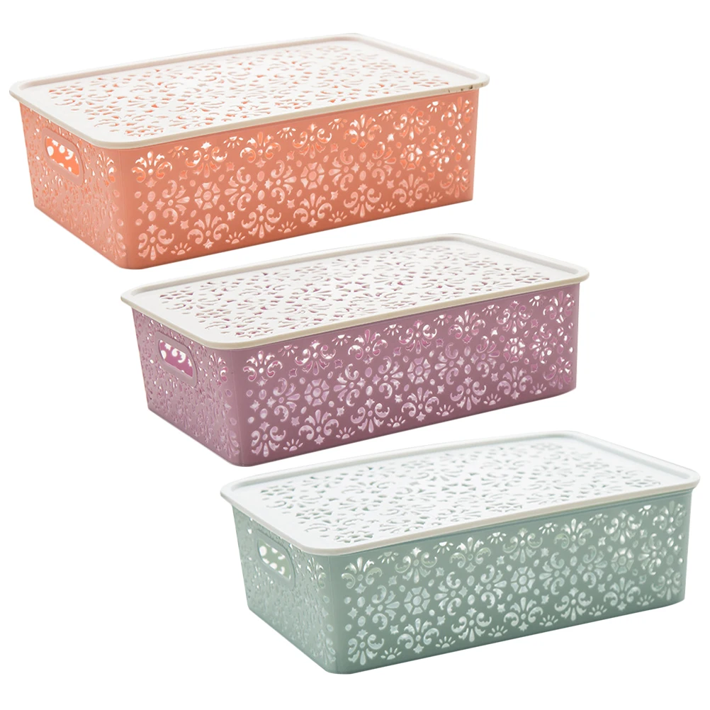 

3Pcs Storage Baskets Plastic Boxes Lids Kitchen Bedroom Wardrobe ganizer Large Blue Purple Pink Hollow Containers Storage Box