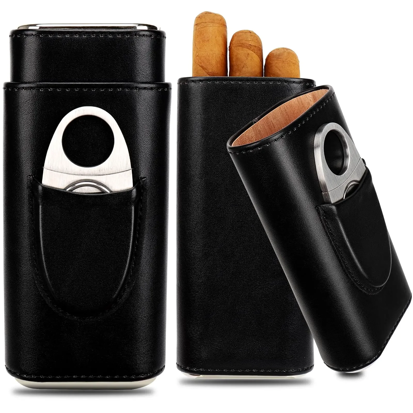 Portable Leather Cigar Holder Humidor for Cigar Holder Coated Cedar Wood Cigar Holder with Cutter Brown