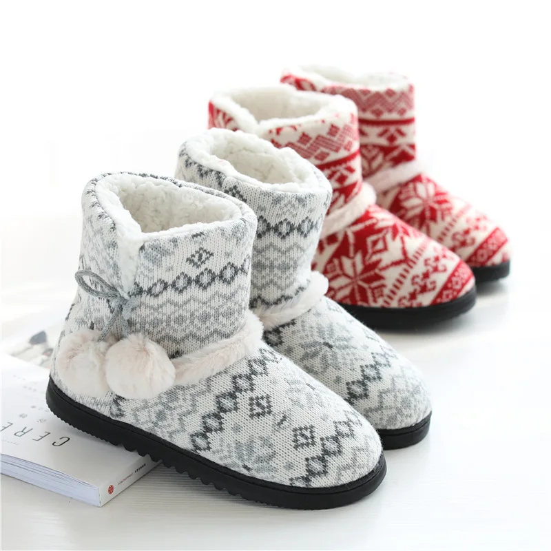 Comemore Winter Furry Home Slippers High Top Women Warm Cotton Flat Indoor Floor Shoes 2022 Female Knitting Plush Slip on Boots