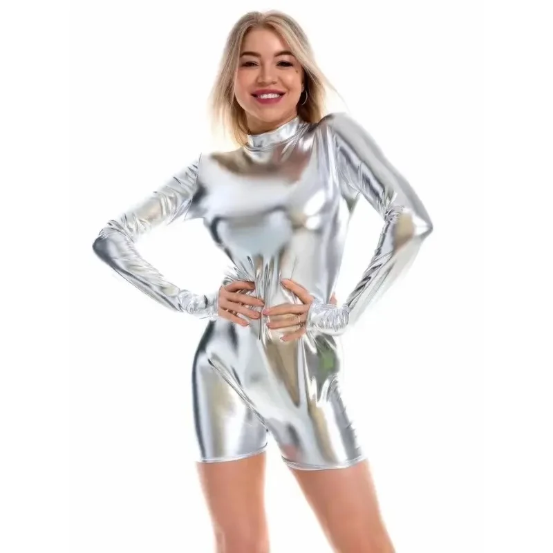 

Shiny Silver Rave Bodysuit Women Metallic Holographic Pole Dance Wear Long Sleeve Festival Outfit Nightclub Party Show Leotard