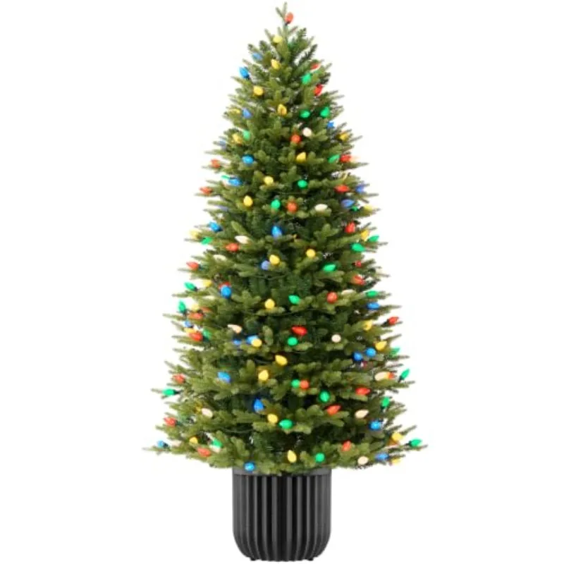 4.5ft Prelit Potted Pencil Christmas Tree w/ C7 LED Lights, Realistic Nostalgic Artificial Lighted Retro Holiday Décor