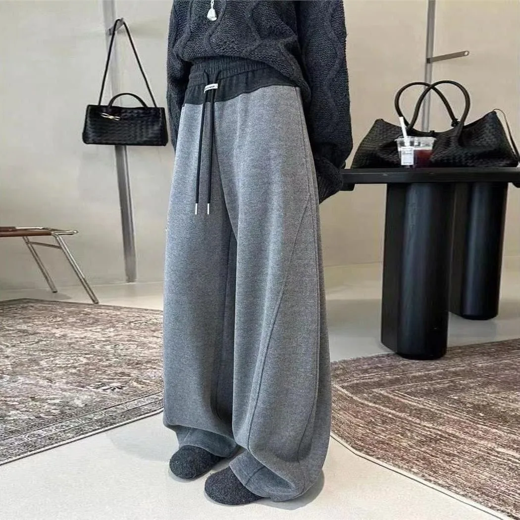 Heavyweight Wool Blend Women's Wide Leg Pants Color Block Drawstring Sweatpants Stylish Streetwear High Waist Female Trousers