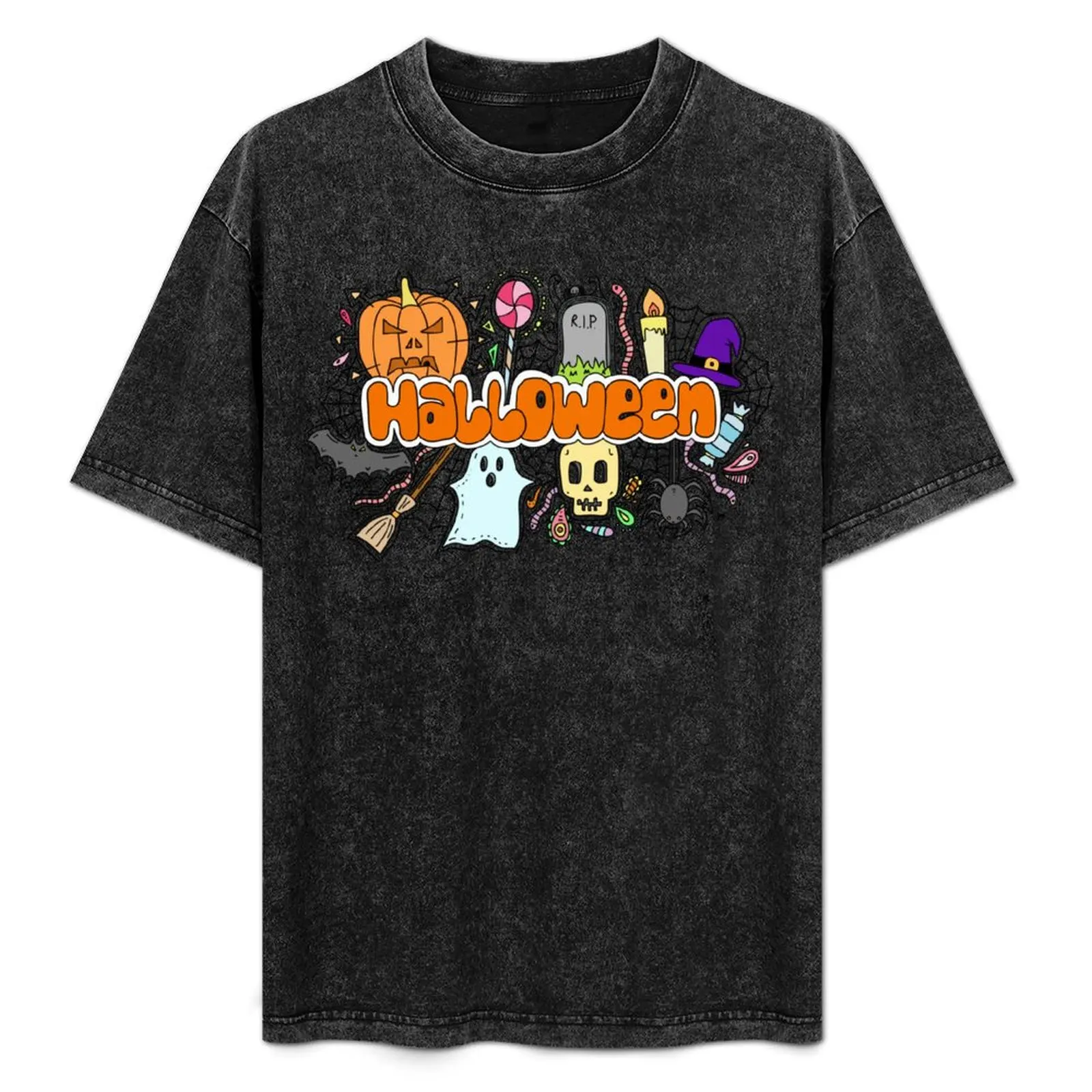 Halloween doodle (Colourful) T-Shirt Comfortable Basic Crew Neck Tee