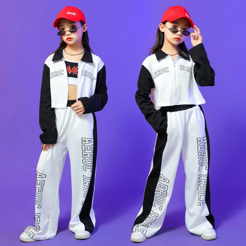 Kid Hip Hop Clothing Zip Up Crop Top Long Sleeve Shirt Tank Streetwear Sport Sweat Pants for Girl Dance Costume Clothes Outfits