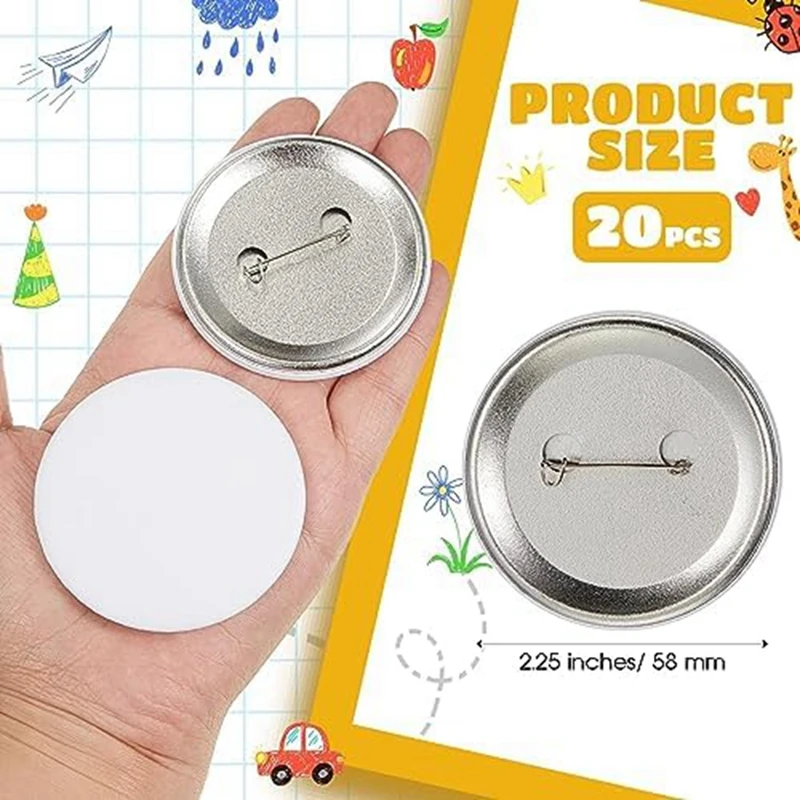 Pines de botón blanco para manualidades, insignias plateadas para manualidades, suministros de manualidades navideñas, 2,25 pulgadas/58 Mm, 20 unidades