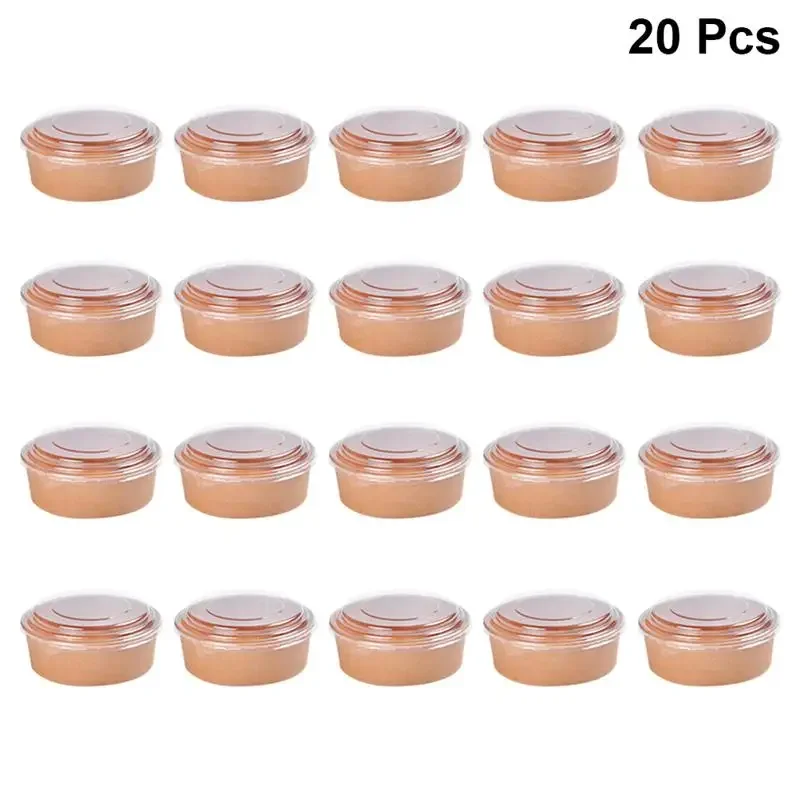 

20pcs Bowls Paper Containers Lids With Soup Disposable Meal Cups Salad Food Kraft Box Cream Ice Snack Storage Candy Round Sundae