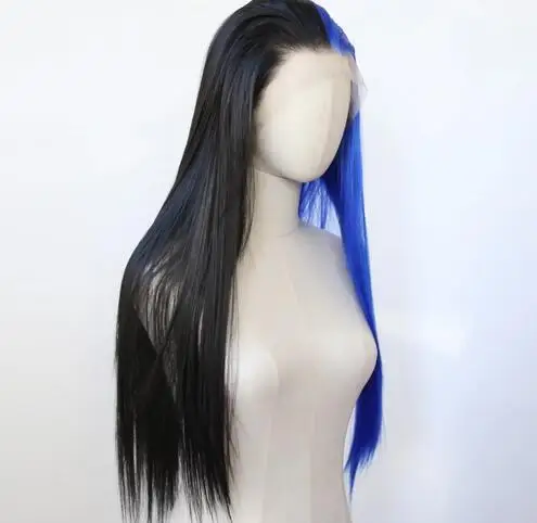 Peruca dianteira do laço sintético meio preto e meio azul, peruca reta longa, cabelo resistente ao calor, peruca pré-arrancada