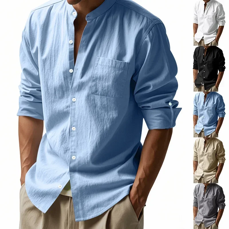 

Shirt Long-sleeved Stand-up Collar Men Spring Summer Cotton Linen Breathable Casual New Single Breasted Button Pocket