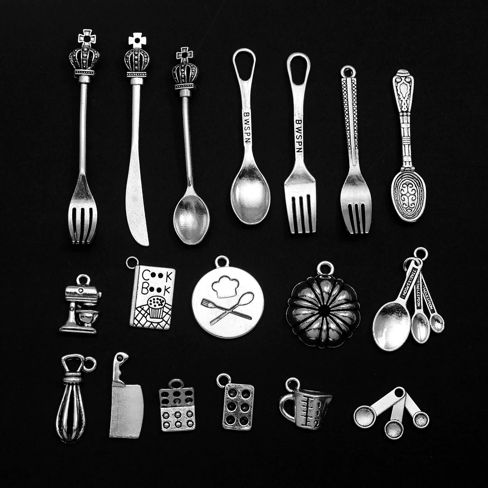 10-30pcs/lot Antique Cooking Spoon Fork Knife Measuring Cup Charms Baking Pendants Diy Jewelry Making Findings Craft Wholesale