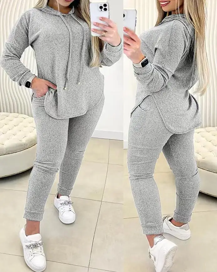 Setelan Musim Gugur Ukuran Besar Wanita Warna Solid 2-Potong dengan Sweatshirt Berkerudung Lengan Panjang Berpotongan Asimetris dan Celana Pensil Ketat