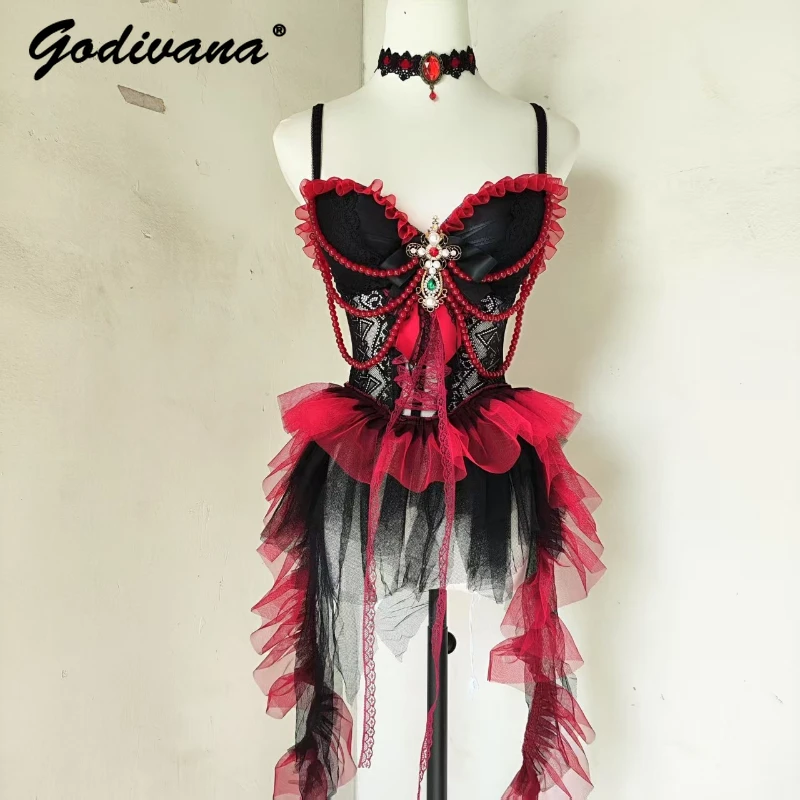 

Dark Punk Gothic Women's Sexy Black and Red Beaded Lace Irregular Camisole Dress Cos Nightclub Mini Sling Dresses