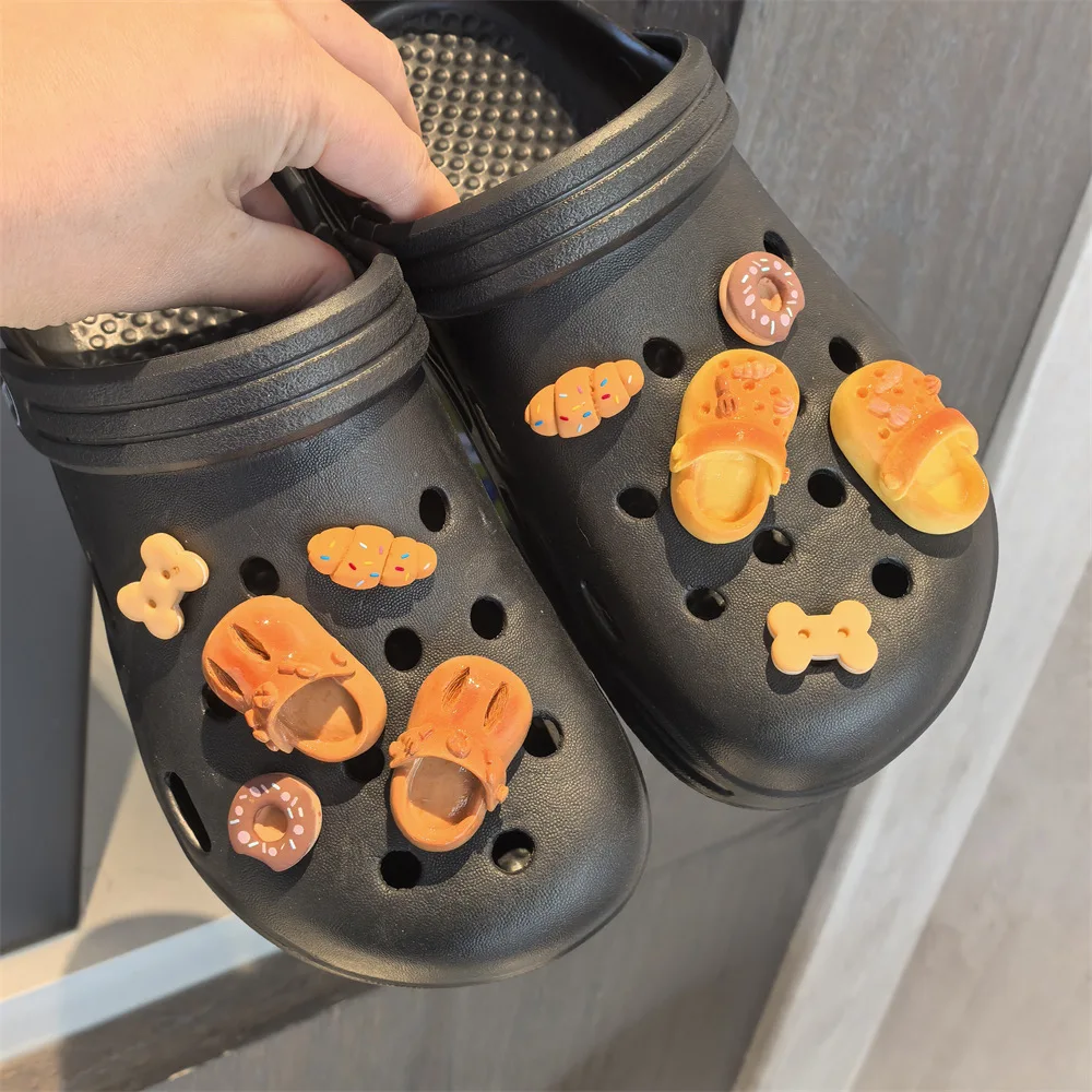 Clog Shoe Charms Faux Croissant Funny Cookie DIY Premium Ornament for Garden Beach Sandals Slippers Resin Brown Lightweight