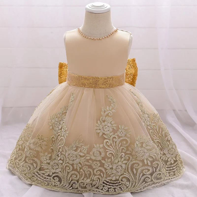 Vestido de flor grande arco para bebé, 1 ° aniversário, Princesa, Fato de baptismo, Infante, Criança, Champanhe