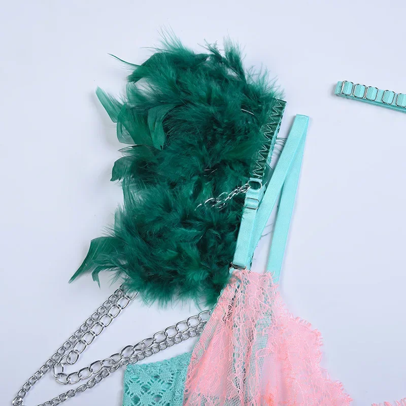 新しいセクシーなレースのつけまつげ付き羽根飾り下着5点セット レディース スイートメッシュ エキゾチックなアパレルスーツ 女性用リボン飾りランジェリー