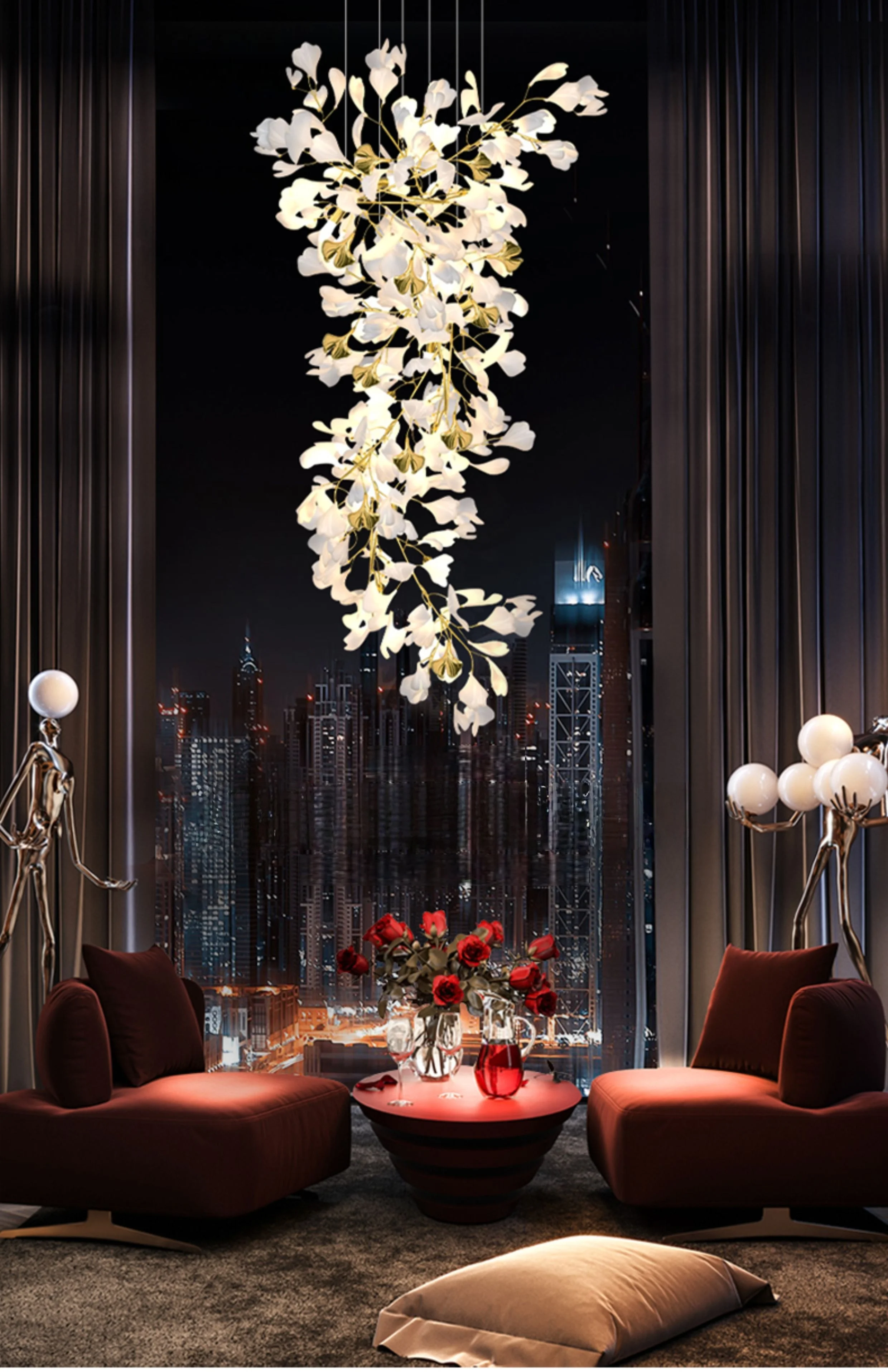 

Modern Luxury Staircase Chandelier Villa Duplex Designer Pick Empty Lobby Apartment Jump Floor Ginkgo Leaf Long Hanging Lighting