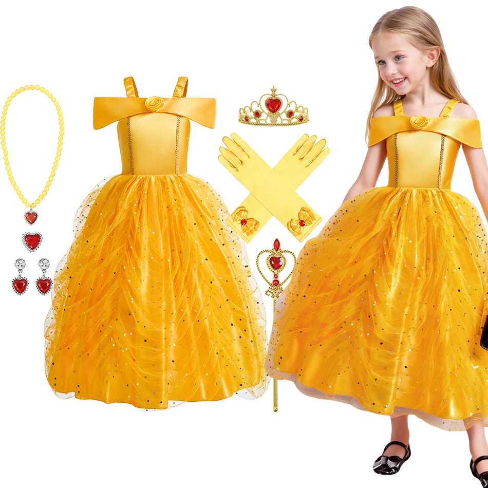 Girl Yellow Belle Cosplay Dress Up Children Princess Costume Kids Halloween Carnival Birthday Performance Party Clothes