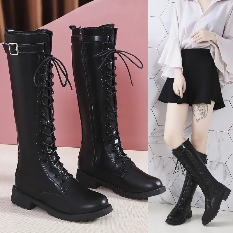 Plus Size Autumn Winter Knee High Boots Women Fashion Buckle High Tube PU Leather Boots Woman Zipper Low Heels Long Botas Mujer