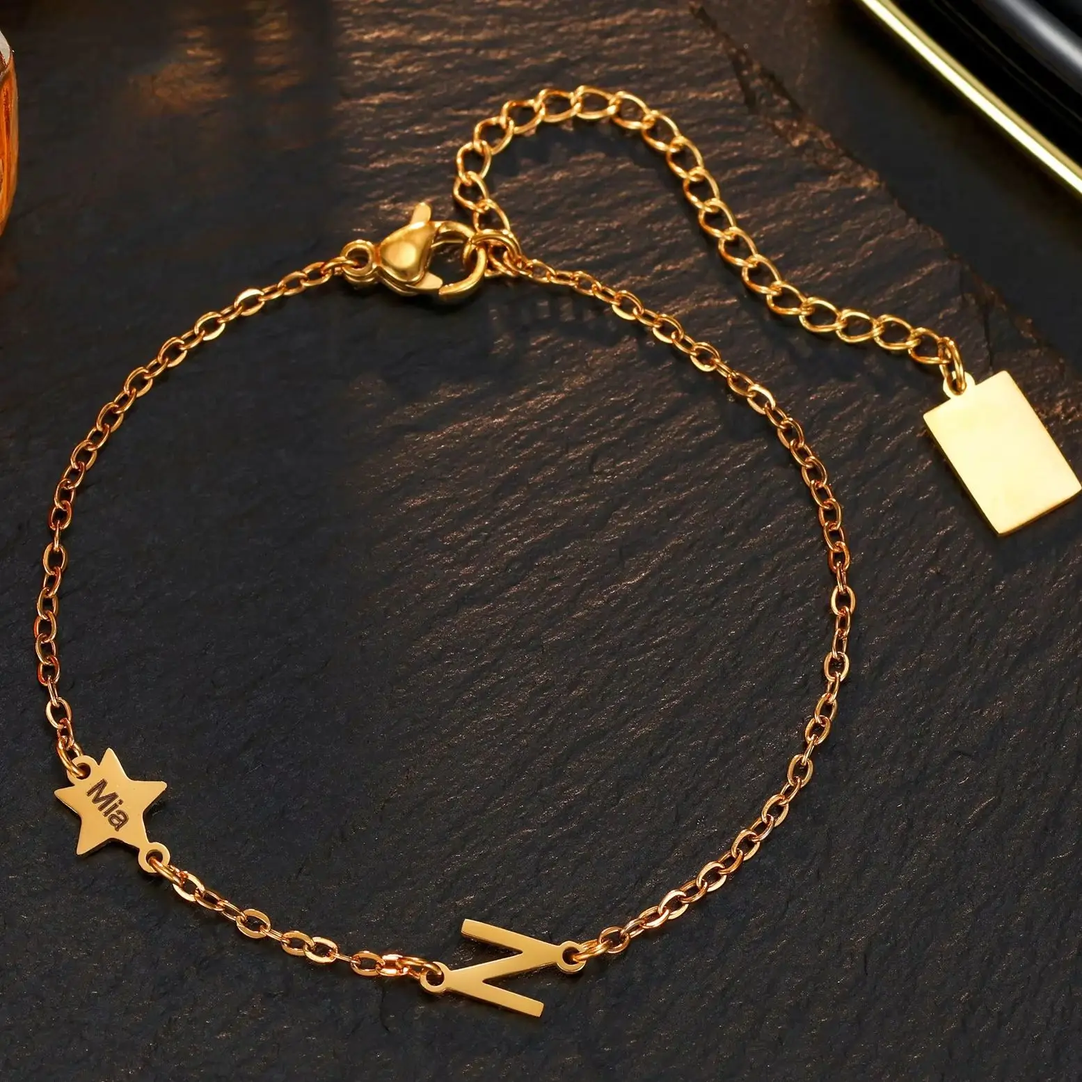 Hot Sell Personalized Bracelets for Women A-Z Letters Star Gold Stainless Steel Engraved Custom Name Cuff Gifts Accept Drop