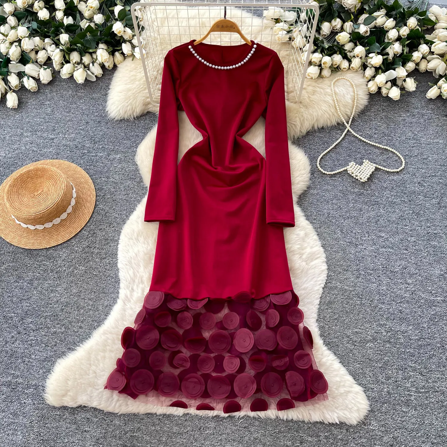 Light Luxury Red Black Long Sleeve Dress Women Autumn Pearl Collar Beaded Patchwork 2026 Gown Party Wedding Long Woman Dress