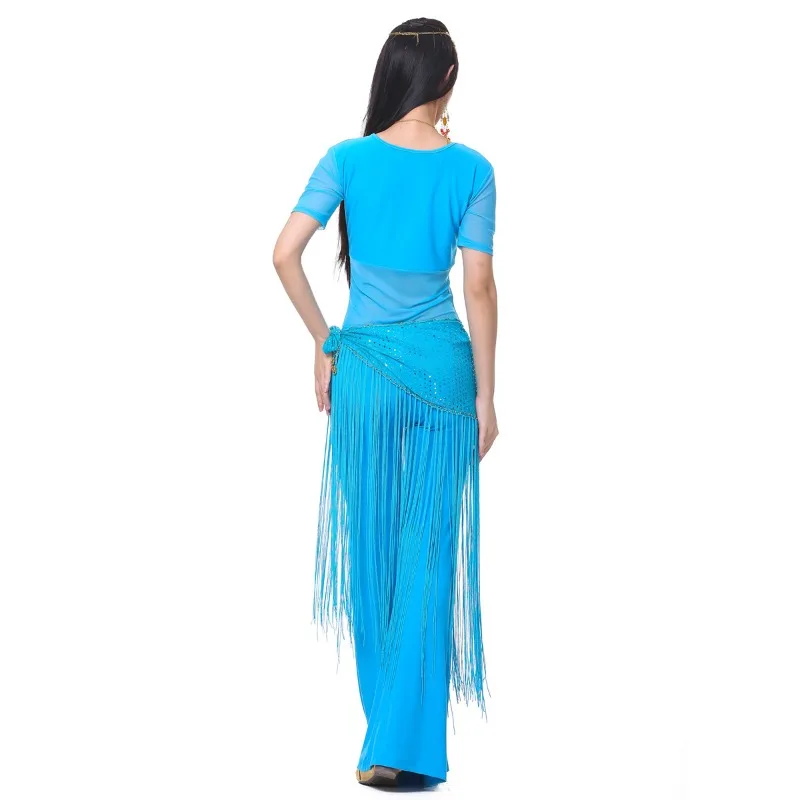 op maat gemaakte midden gerimpeld semi-transparant garen buikdanskostuums met korte mouwen oefenkleding set top + broek + tailleketting
