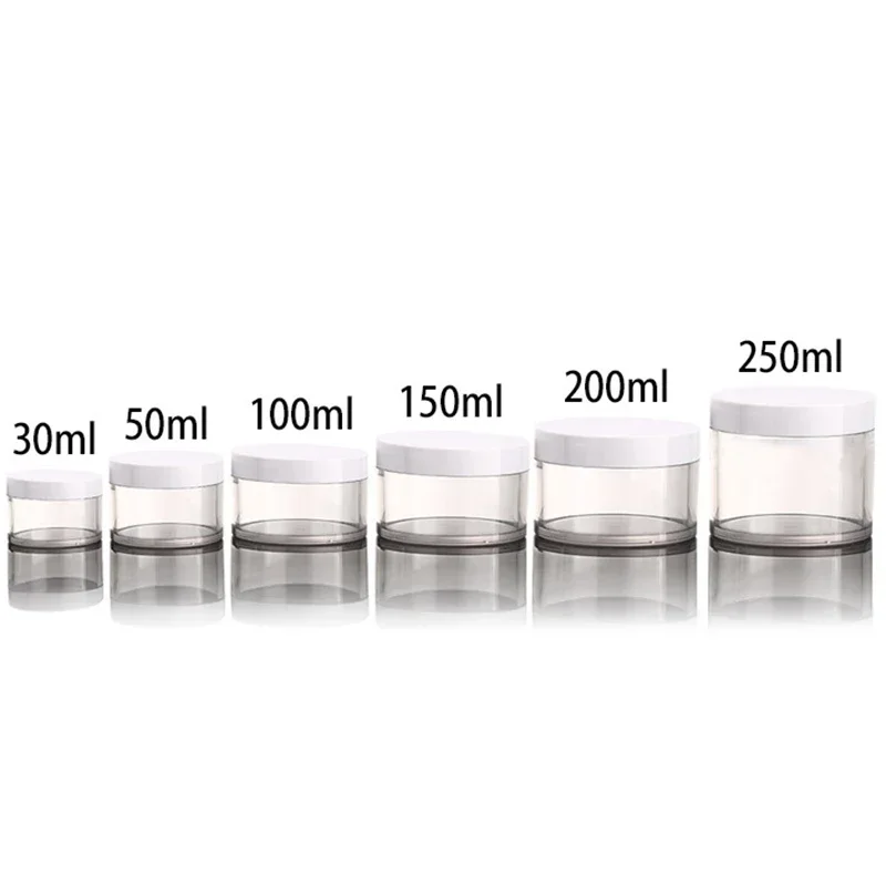 10Pcs Clear Plastic Jar Skincare Makeup Containers Cream Makeup Jars White Sample Pot Travel Bottles 30/50/100/150/200/250ml