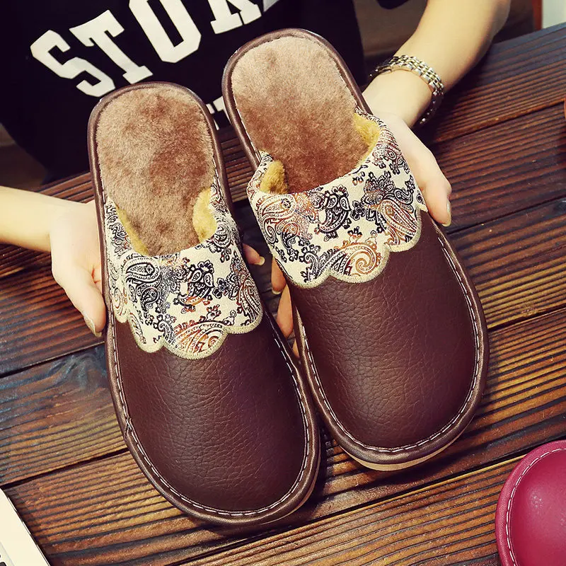 

Winter Women Slippers Plush Warm PU Leather Home Cotton Shoes Woman Thick Indoor Couple Slippers Non-slip Thermal Floor Slippers
